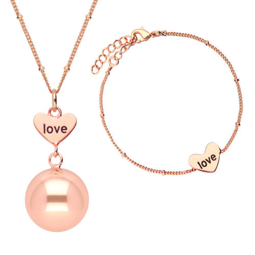 Bola - Set of Bola necklace and bracelet - heart and love engraving in rose gold plating - One size