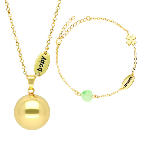 Bola - Set of Bola necklace and bracelet - Stone beads mum/baby charm in gold plating - One size
